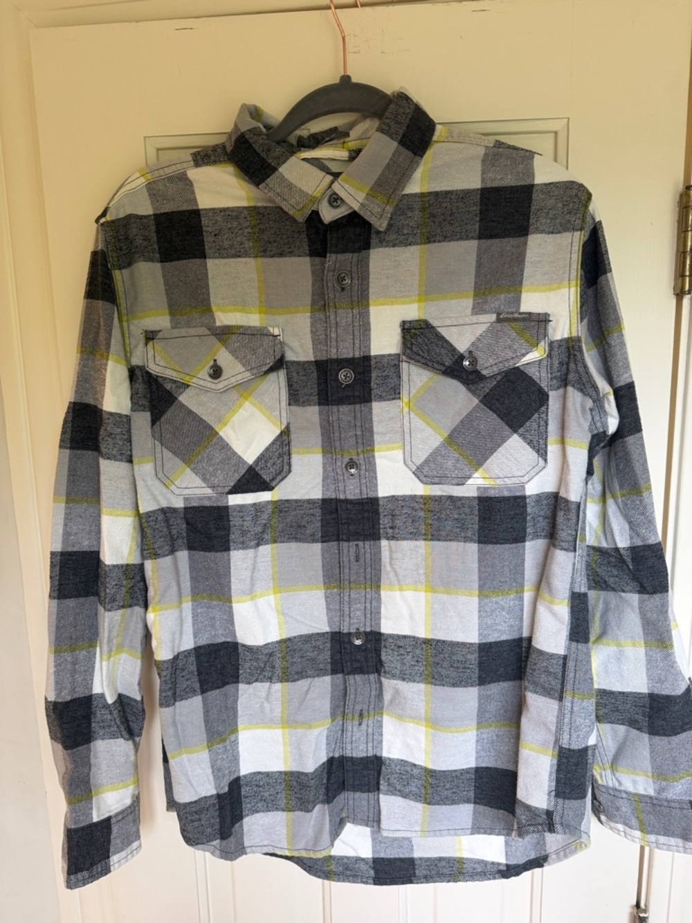 Eddie Bauer Black, Gray & Yellow Plaid Button-Up Flannel Shirt